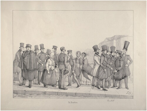 Figure 3. Lithography by Fritz von Dardel (1817–1901). Stockholm City Museum, SSM F 107316. In this sea of upper and middle-class men and a few women in elegant attire, speaking and saluting each other on Norrbro in the 1840s, a single woman in mundane clothes, her child in hand, takes a subservient pose, face down, seemingly hoping to pass unnoticed.