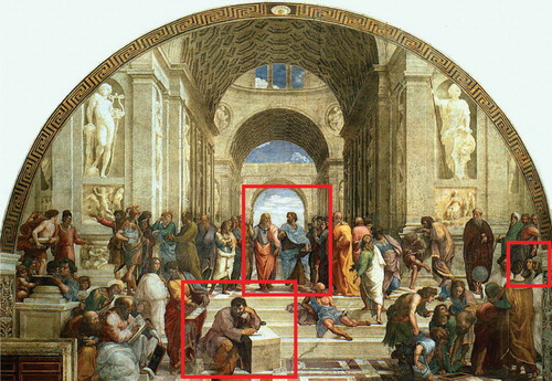 Figure 5 School of Athens by Raphael Sanzio; fresco in the rooms adjacent to the Sistine Chapel. Raphael depicts Plato with the face of Leonardo (left in the middle frame), Heraclit with the face of Michelangelo (below, left), and himself in the crowd of scholars (below, right).