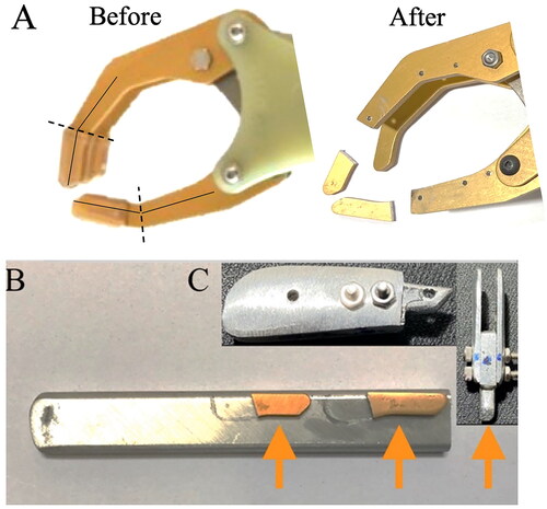 Figure 1. Images illustrating completed steps of the fabrication process for the IPJ-Hand.A voluntary opening prosthetic hand is sourced and fabrication begins by cutting off at the estimated mechanical interphalangeal joint locations of approximately 1.27 cm of the index and thumb fingers (Figure 1(A)). These pieces are not to be discarded as they will now serve as a template for creating six aluminum alloy extension pieces (Figure 1(B)). The exact contours of these extensions should follow that of the hands remaining fingers. This step is part art and requires only that the dimensions of each piece be a length of approximately 21 mm, a width of 10 mm and a height of 1.5 mm. Next, a series of 0.3 mm holes must be punched into the extension bars which serve as a means for attachment back onto the hand. Three bolts along with nuts are required so that the extensions can be pieced together back onto the hand. The dimension of the bolt was chosen so as to permit the hook of the springs to easily catch onto the bolts (Figure 1(C)). Orange arrows designate pieces which need to be cut and used to assemble the interphalangeal joint.