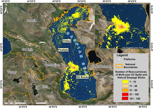 Figure 6. Temporal repetition (frequency) of oil spills and natural seepage slicks in the Caspian Sea.