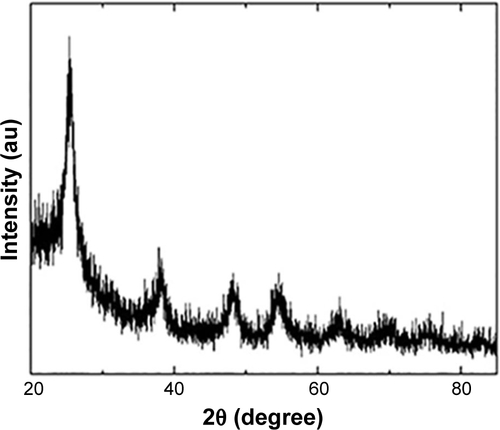 Figure S1 The x-ray diffraction peak of anatase TiO2 NPs.Note: X-ray-diffraction (XRD) measurements showed that TiO2 NPs exhibited the anatase structure, and the average particles size calculated from the XRD peak of anatase was <25 nm using Scherrer’s equation (sigma-aldrich Co., Ltd).Abbreviation: TiO2 NPs, titanium dioxide nanoparticles.