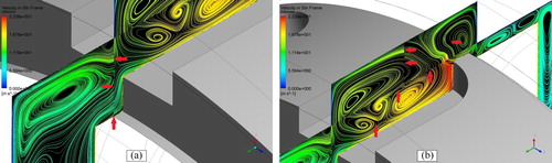 Figure 14. Two-dimensional surface streamlines at a slot's mid-plane of the MPW pumping ring.