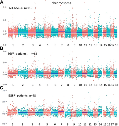 Figure 2 DNA somatic copy numbers of (A) all advanced NSCLC patients; (B) EGFR+ patients; (C) EGFR- patients. Chromosome 1 to 18 is layout from left to right with red and green colors.