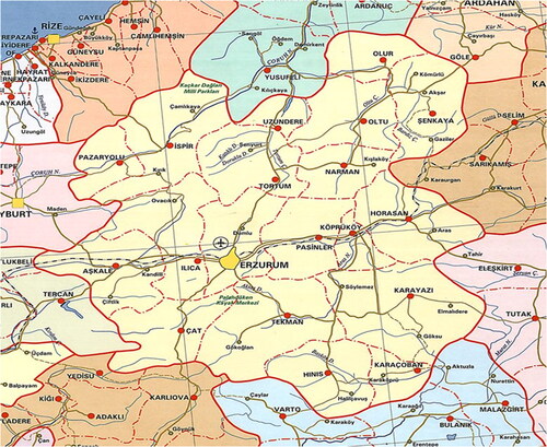 Figure 2. Erzurum center, districts, and neighboring provinces map (the only peritoneal center in this region (Display full size, Display full size; urban areas).