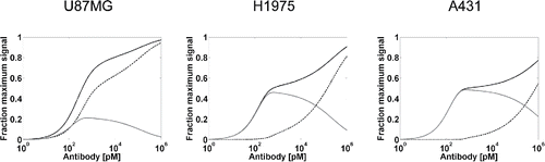 Figure 2. Model verification against binding data from Harms et al. Simulation of total bound (black solid line), bivalent bound (gray solid line) and monovalent bound (black dashed line) plotted as the fraction of the maximum signal (y-axis) against antibody concentration (pM) for a parent antibody using the parameters as reported by Harms et al.Citation14 A. Simulation for U87MG cells with a receptor density of 5.8 ×104 receptors/cell; B. Simulation for H1975 cells with a receptor density of 3.6 × 105 receptors/cell; C. Simulation for A431 cells with a receptor density of 2 × 106 receptors/cell. The parameters kon and KD were obtained from the original publication. The reaction volume (Vr) was set to the relevant range reported in the publication (3.4 × 10−5 L). The effective concentration (Ceff) was adjusted to 0.01 to reflect the observed binding curve.