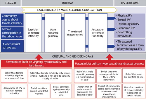 Figure 2. Identified triggers of male romantic jealousy leading to intimate partner violence (IPV) again women, and underpinning cultural and gender norms.