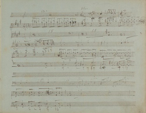 Figure 5b. The first page of Liszt’s draft for Sardanapalo, c.1850, written in a score format similar to that in Figure 5a, and showing similar instrumentation cues. GSA 60/N4, fol. 2r. Photo: Klassik Stiftung Weimar.