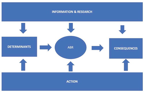 Figure 4. An epidemiological framework of the research area “prevention of antibiotic or antimicrobial resistance” suggesting a causal web towards ABR and its consequences