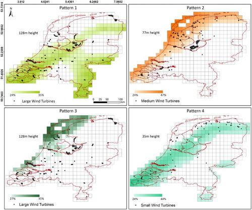 Figure 10. The wind patterns distribution based on their height and the percentage of occurrences over time in each grid cell overlaid on top of wind turbine locations.