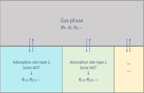 Figure 5. (Colour online) Equilibrium of each of the adsorbed phases with the gas phase in the Segregated Ideal Adsorbed Solution Theory (SIAST) model [Citation29]. Each adsorbed phase is separately in equilibrium with the gas phase. The system is at a constant temperature. The gas phase has a total pressure of ptot and the mole fraction of component i equals yi. In the adsorbed phase j, the loading of component i is qij.