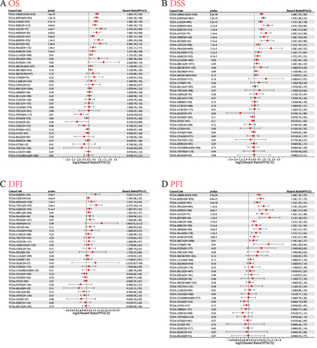 Figure 4 Univariate Cox regression analysis of RAD54L. Forest plot showing univariate Cox regression results for OS (A), DSS (B), DFI (C), and PFI (D) of RAD54L in pan-cancer.