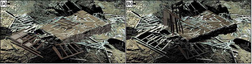 Figure 6. 3D model of the A/S Kulspids building remains at Camp Asbestos: (a) in their position in 2015 and (b) modelled elements in their estimated original position.