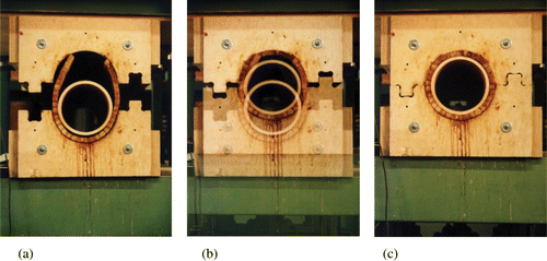 Figure 15.  Moulding of a densified wood panel to a tube of diameter 450 mm; (a) charging, (b) closing, (c) forming. The thickness of the tube wall is 100 mm