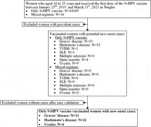 Figure 1. Flowchart of new-onset cases of pre-specified autoimmune diseases among women who received the 9vHPV vaccine.