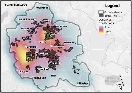 Figure 1. Study area: Milieu protection areas in Berlin 2020 and heat map of available transaction data 1991–2019.