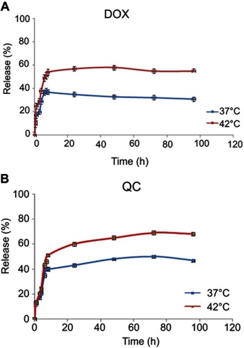 Figure 4 In vitro release profile of DOX (A) and QC (B) from niosomes after 72 hrs.Note: Data are represented as mean ± SD (n=3).Abbreviations: DOX, doxorubicin; QC, quercetin.