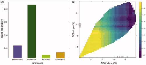 Figure 5. Partial dependence plots for (A) land cover and (B) temporal trajectory metrics on burn probability, depicting the relationship between burn probability and long-term spectral trends. The inner ticks along the x-axes represent deciles of the predictor variables.