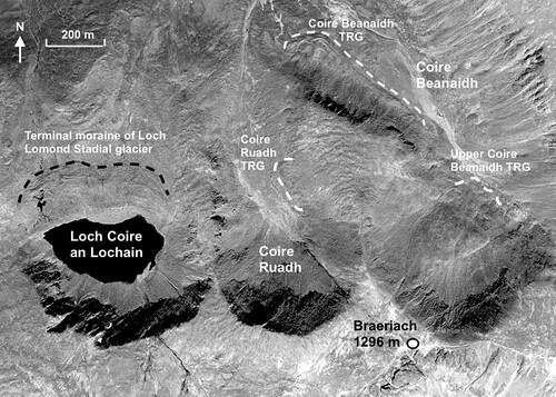 Figure 5. Vertical satellite image (Google EarthTM) of the northern corries of Braeriach, showing the location of the three landforms here interpreted as talus rock glaciers. The location of the Loch Lomond Stadial terminal moraine in Coire an Lochain is also shown. Coire Ruadh and Coire Beanaidh lack evidence of reoccupation by glacier ice during the Loch Lomond Stade.