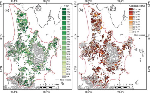 Figure 7. (a) The map of predicted age of rubber plantations in the study area, and (b) the map of result’s confidence by the percentage of nominated T0.