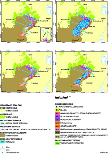 Figure 35. Upper left: interpreted transport directions for distinctive rock lithologies found as clasts in the Livingston Tillite Member. The inset map in the lower right shows potential flow directions for the tillite found in Yalkalpo 1 drill hole. Upper right: interpreted ice cover early in the Livingston Glaciation. Lower-left: interpreted transport directions for distinctive rock lithologies found as clasts in the Sheehan Tillite Member. Lower-right: interpreted ice cover early in the Sheehan Glaciation.