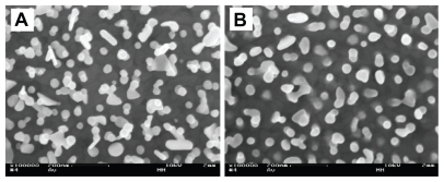 Figure 3 Scanning electron microscopy images of gold nanoparticles bound to the smooth gold background. (A) Particles bound to the surface by electrostatic interaction with a self-assembled monolayer of cysteamine. (B) After washing in basic piranha the particles are integrated with the background surface. Magnification: 100,000×.