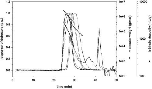 Figure 1. Elution profiles obtained by SEC with refractive index (dotted line), viscosity (long dash line) and LS at 90° (full line) of native (black) and degraded (grey) hyaluronic acid together with molecular weights (circle) and intrinsic viscosities (triangle) in LiNO3 0.1 mol/L.