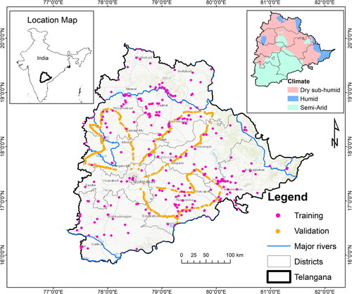 Figure 1. A map of Telangana showing the major rivers, districts and ground survey data.
