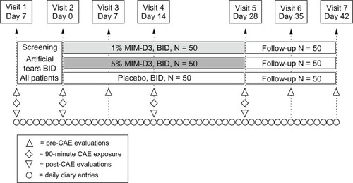 Figure 1 Visit flow chart of a two-center, randomized, double-masked, placebo-controlled study with a novel TrkA agonist (MIM-D3) in patients with a history of dry eye and objective evidence of ongoing dry eye disease.
