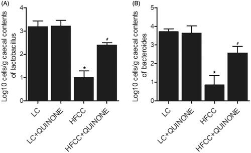 Figure 7. Effect of tocopheryl quinone on the growth of bacteria (n = 3; *p value < 0.05 vs. LC group; #p value < 0.05 vs. HFCC group). (A) Treatment with tocopheryl quinone significantly promoted the growth of Lactobacilli; (B) Treatment with tocopheryl quinone significantly promoted the growth of Bacteroides.