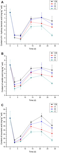 Figure 2. Effects of different treatments on the concentration of 4-hydroxybenzoic acid (A), vanillic acid (B), coumaric acid (C) in soil. CK: soil with no additions; A: soil supplemented with P. liquidambari B3; B: fermentation medium containing food waste and wheat straw, un-inoculated with P. liquidambari B3; C: fermentation broth containing food waste and wheat straw, inoculated with P. liquidambari B3 (laccase activity, 607.2 ± 4.7 U/mL).