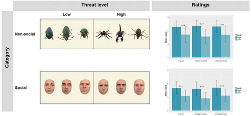 Figure 1. On the left panel, stimuli used in the experimental tasks. All stimuli were flipped horizontally, resulting in 24 unique images (12 non-social and 12 social, 12 high threats and 12 low threats). On the right panel, ratings of Arousal, Dangerousness, and Unpleasantness provided by an independent sample (N = 24). Error bars represent the standard deviation from the mean. *** p < .001.