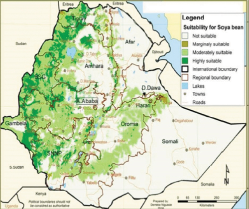 Figure 3. Suitable areas of soybean in Ethiopia (Demeke, Citation2018).