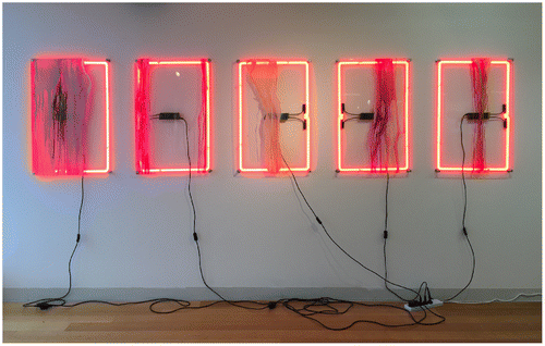 Figure 6. Lauren Kennedy, Neon Series, 2015, ink and neon lights on Perspex, photograph by Lisa Cianci.