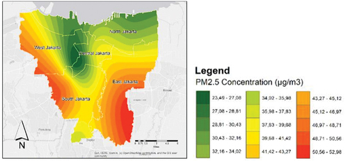 Figure 8. Spatial distribution of PM2.5 concentration in Jakarta in 2020.