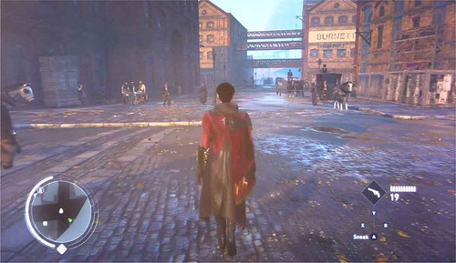 Figure 2. Although the everyday spaces of the warehouse district have an air of gritty realism, they are more the product of the game designers’ imagination than the meticulous reconstruction of more famous sites.Source: Assassin’s Creed: Syndicate, Ubisoft 2015. Gameplay footage from Participant 06.