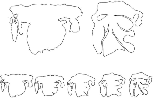 Fig. 4. Gari Ledyard’s hypothetical evolutionary process from the Kangnido to Ch’ŏnhado. The upper two sketch maps compare the coastal outlines of the Kangnido and the inner continent of Ch’ŏnhado. The bottom sketches show the suggested sequential evolutionary stages. (Ledyard Citation1994, 265). Used by permission of the University of Chicago press © 1994 by The University of Chicago. All rights reserved.