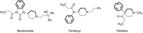 Figure 1. Structural formulas of bezitramide, fentanyl and petidine. Pharmacophoric features according to the Beckett’s model are shown in boldCitation2,Citation12.
