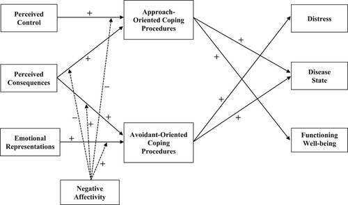 Figure 5. Moderating effects of trait negative affectivity on proposed pathways of the revised common sense process model, adapted from Hagger, Koch, et al. (Citation2017). Note. Solid lines represent hypothesized effects of representations on coping procedures and effects of coping procedures on illness outcomes, and broken lines represent moderating effects. Direct effects of cognitive and emotional representations on illness outcomes omitted for clarity. Higher scores for illness representation dimensions (identity, consequences, timeline, emotional representations) indicate greater threat, high levels of functioning and well-bring indicate adaptive outcomes, and high levels of distress and disease state indicate maladaptive outcomes.