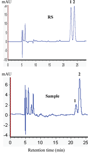 Figure 2.  HPLC chromatogram fingerprint of the OA and UA from P. vulgaris spicas and RS (reference standards). (1) OA; (2) UA.