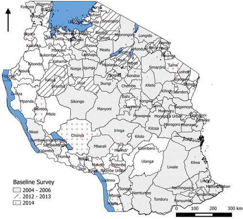 Figure 1. Map of Tanzania showing districts previously surveyed for trachoma in 2004–2006 and locations of districts surveyed in 2012–2014.