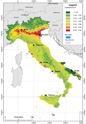 Figure 3. Italian map of AFPGV (50° percentile). Po plain and Apulia, discussed in the text, are shown in the figure.