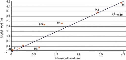 Fig. 2 Comparison between measured and calibrated hydraulic head values.