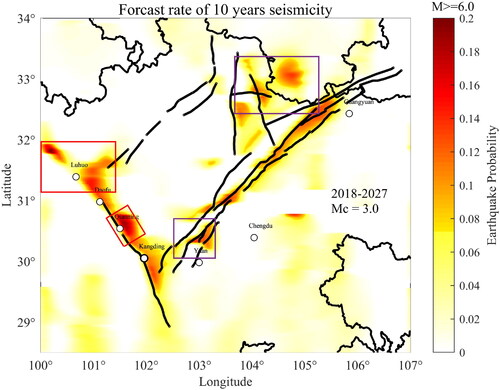 Figure 10. The spatial distribution of probability of strong earthquakes with Magnitude 6 in the study region in the next 10 years.