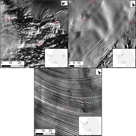 Figure 3. Examples of disrupted LSSs. Disruptions labelled with arrows. (A) Landsat image of crevassing disrupting LSSs as ice flows from Lepekhin Glacier towards the top right of the image onto the Amery Ice Shelf. (B) Landsat image of larger surface topography (transverse waves) interrupting LSSs on Recovery Glacier. (C) MODIS image of an ice shelf surface channel emanating from Slessor Glacier, disrupting LSSs on the Filchner Ice Shelf (formation discussed in CitationLe Broq et al. (2013)).