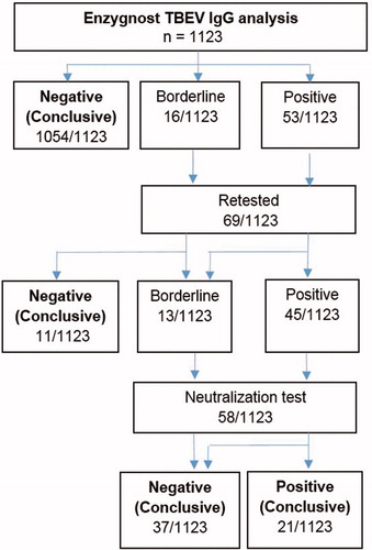 Figure 2. Algorithm of the TBEV IgG analysis of 1123 blood donor sera with associated results.
