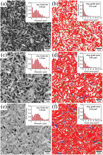 Figure 3. Electron Backscatter Diffraction (EBSD) image quality (IQ) maps and phase maps (KCNO, KNbO3, Ca2Nb2O7, and CaNb2O6 phases in red, blue, yellow, and green) of (a, b) “K0-11”, (c, d) “K2-11”, and (e, f) “K0-5/11”. The average grain sizes and areas of the samples are provided in the insets of (a, c, and e) and (b, d, and f), respectively.