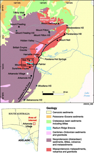 Figure 1. Location and general geology of the northeastern Flinders Ranges, focusing on the southern area of the Mesoproterozoic Mount Painter Inlier that hosts the Mount Gee Sinter, Mt Gee and the Radium Ridge Breccia.