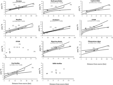 Figure3. Scatterplots of mean δ15N values against the distance from the source. Regression lines with lower and upper 95th percentile confidence limits are shown for significant relationships. C3, P3, C4 and P4 refer to reaches 3 and 4 on the Chichester and the Paterson rivers, respectively.