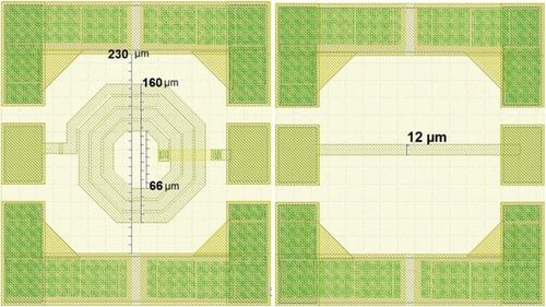 Figure 16. Layout of an integrated spiral inductor and integrated interconnect used for resolution tests as dimensions reference.