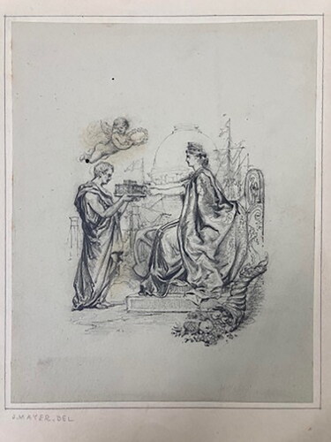 Figure 5. Joseph Mayer’s preparatory drawing commemorating William Brown’s financing of the construction of the Liverpool Free Library and Museum. LRO 920 MAY, Box 3, Acc. 2528. Courtesy of Liverpool Central Library and Archives.